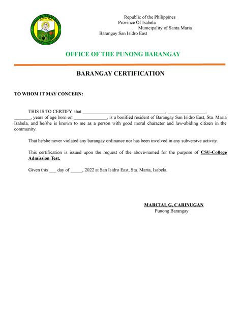 barangay certification republic   philippines province