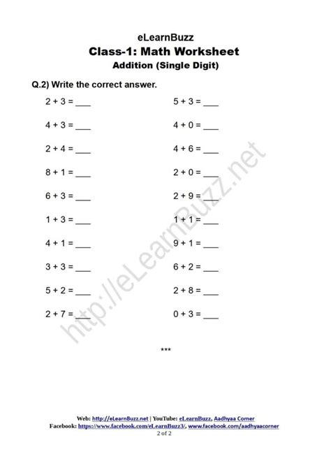 single digit addition worksheet  class  elearnbuzz