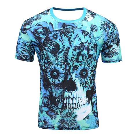 Mens Fashion Flower Skeleton 3d Printed T Shirt Casual Short Sleeve O