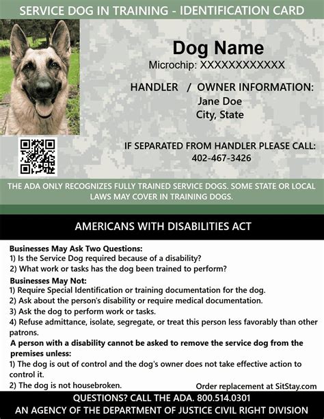 printable service dog id card template printable templates