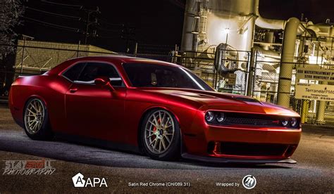 satin red chrome wrap on a bagged dodge hellcat — gallery