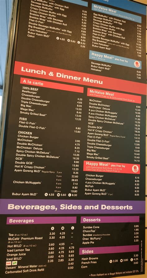 mcdonalds malaysia menu price  calorie contents visit malaysia