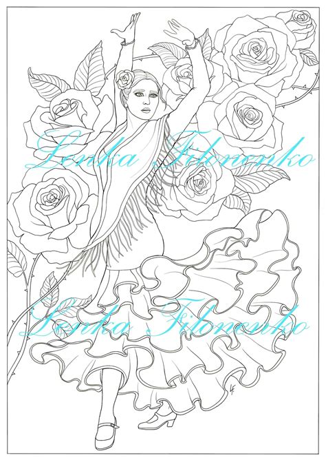 coloring page  adults flamenco dancer  art  etsy