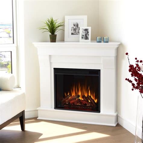 real flame   chateau   corner electric fireplace  mantel white bbqguys