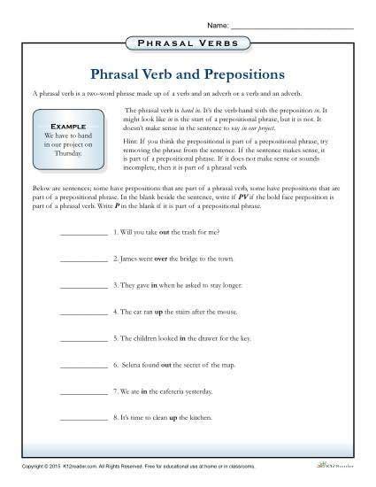 prepositional phrase worksheet  grade phrasal verbs  prepositions