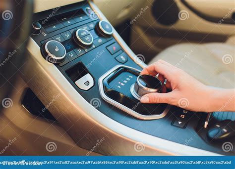 Close Up Young Woman Hand On Automatic Gear Shift Shifting Gearbox In