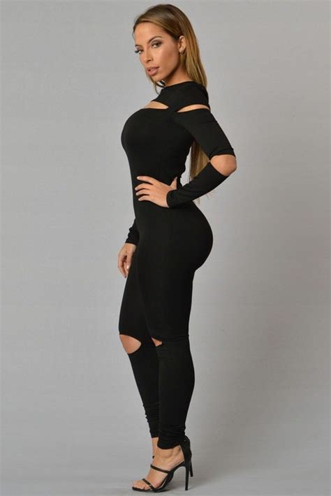 women long sleeve skinny black jumpsuit outfit online
