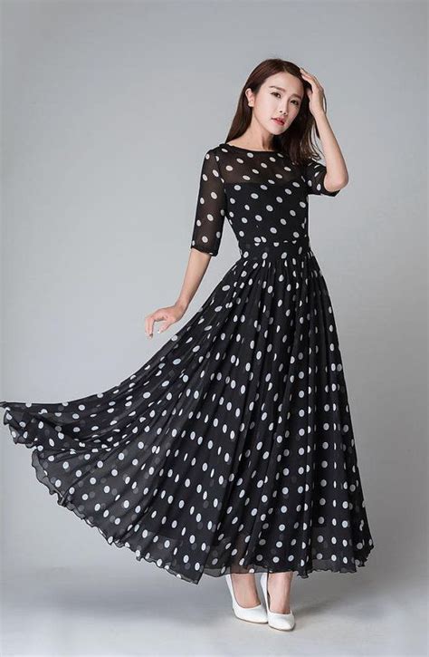 black  white polka dot maxi dress vintage style long swing etsy