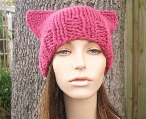 Knit Hat Pink Pussyhat Pink Pussy Hat Pink Cat Hat Ready To Ship Etsy