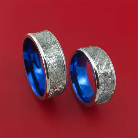 cobalt chrome and meteorite matching wedding band set