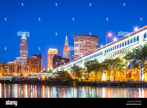 Cleveland Skyline With Reflection At Night Cleveland Ohio Usa Stock
