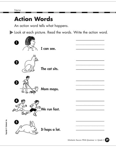 action words part  grade  printable skills sheets