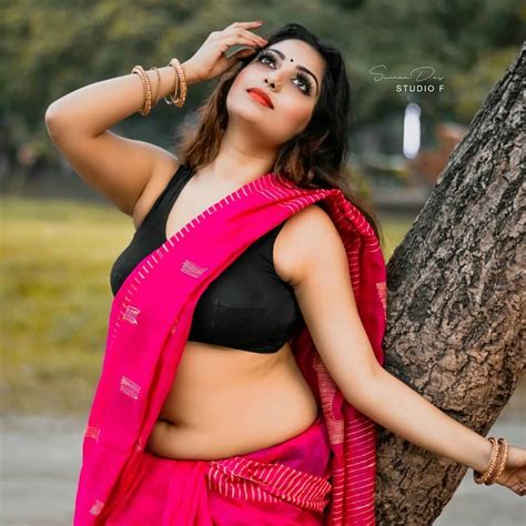 rupsa saha chowdhury hot red saree black sleeveless blouse photoshoot