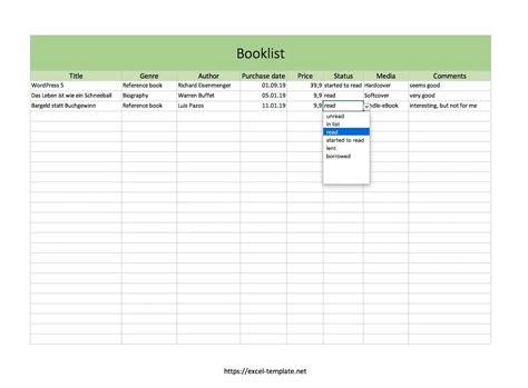 book collection list  excel template