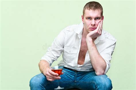 Handsome Man Sitting With Glass Of Alcohol Stock Image Image Of