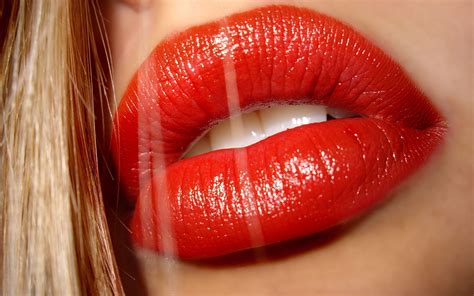 women model blonde long hair face red lipstick hair  face closeup gloss open mouth