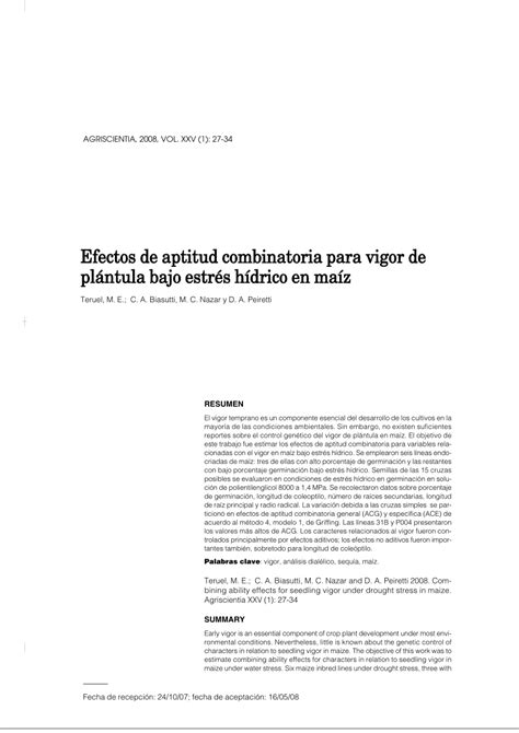 Pdf Efectos De Aptitud Combinatoria Para Vigor De Plántula Bajo