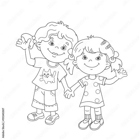 coloring page outline  cartoon girls holding hands stock vector