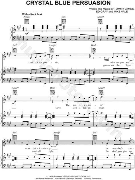 tommy james and the shondells crystal blue persuasion sheet music in a major transposable
