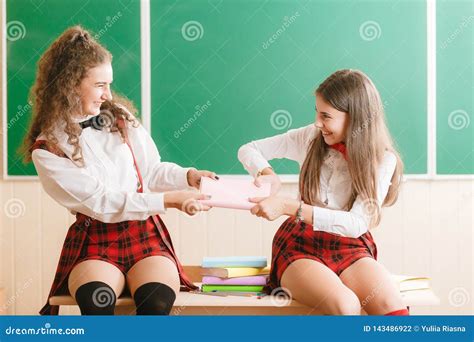 Two Beautiful Schoolgirls Are Sitting At The Desk With Books In The