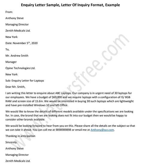 enquiry letter sample format   write  inquiry letter