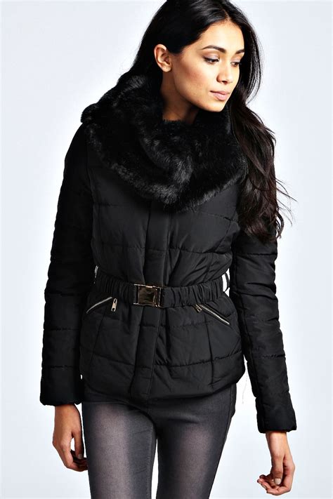 Boohoo Womens Ladies Evie Faux Fur Collar Belted Padded