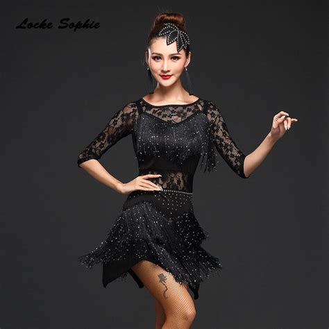 Womens Sexy Latin Dance Dress 2018 Fashion Tassels Lace Mosaic Dance