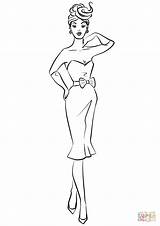 Coloring 1950 Dress Wearing Pages Woman Cocktail 1950s Fashion Printable Template sketch template