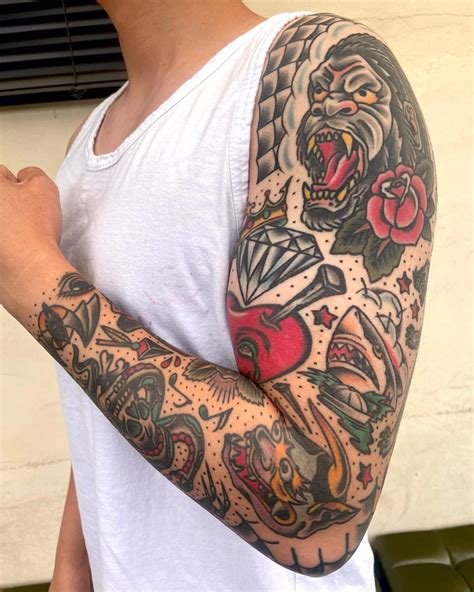 share    black  grey traditional tattoo sleeve super hot