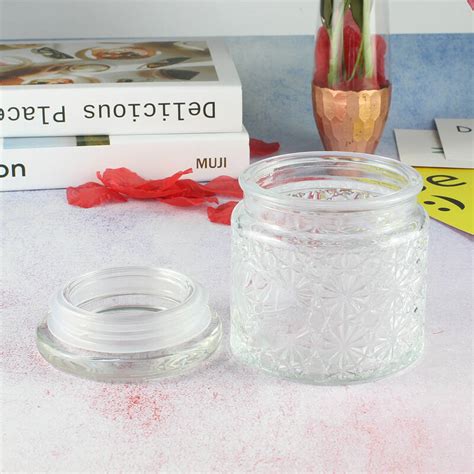 Wholesale Empty Embossed Glass Candle Jar With Air Tight Glass Flat Lid
