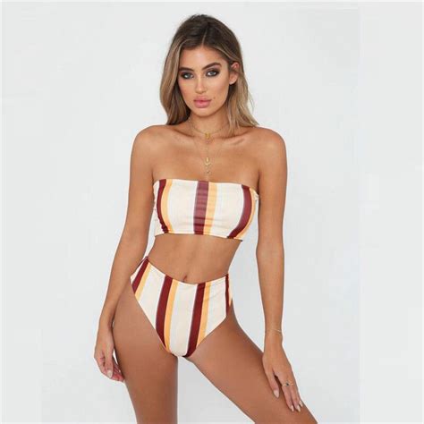 women 2piece sexy swimming bandage striped high waist strapless summer