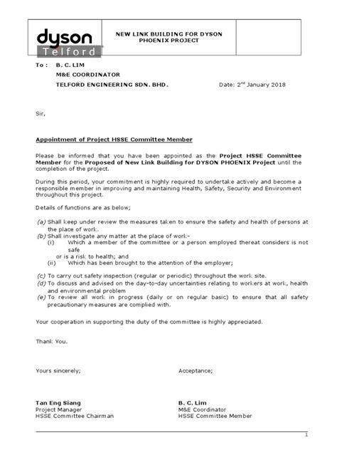 hsse committee appointment letter bc lim
