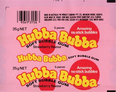 wrigley australia hubba bubba strawberry flavour bubble gum wrapper