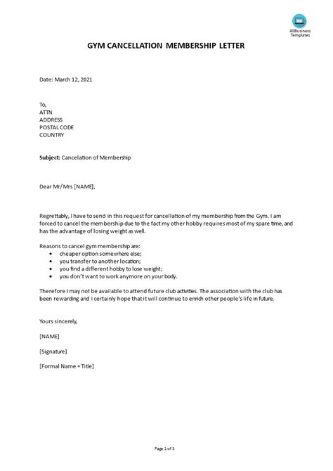 cancel gym membership letter templates  allbusinesstemplatescom