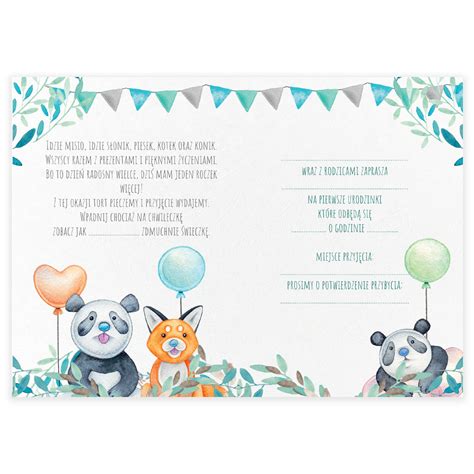 zaproszenie urodzinowe  roczek panda  lisek cardie sklep empikcom