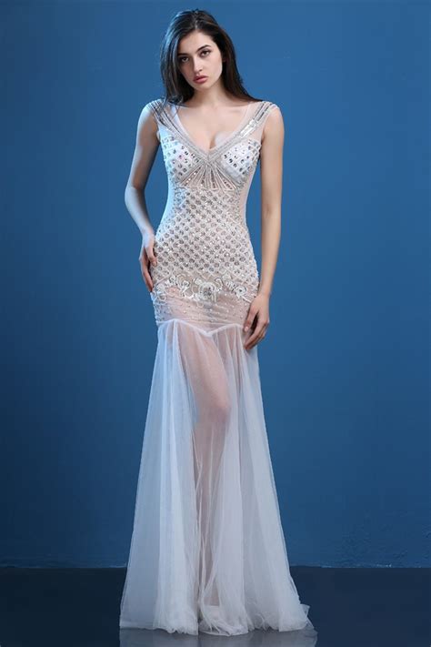 Unusual Sexy V Neck Sheer See Through White Tulle Beaded