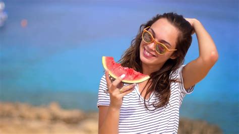 Smiling Woman Eating Watermelon On Beach In Slow Motion Happy Summer