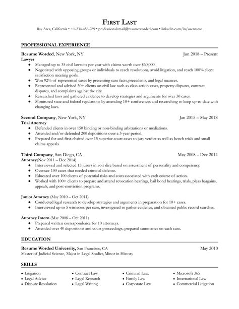 lawyer resume examples   resume worded