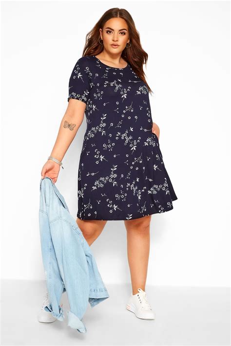 Navy Floral Pocket Swing Dress Yours Clothing