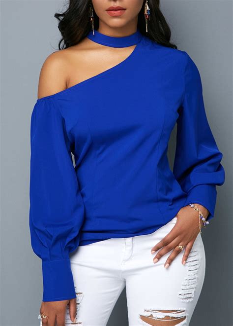 royal blue cutout shoulder long sleeve blouse rosewecom usd