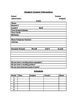 student contact information sheet student high school teacher sheet