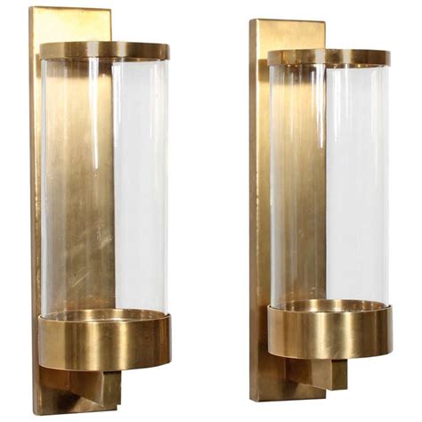 pair  modern cylinder glass  brass wall sconces  stdibs