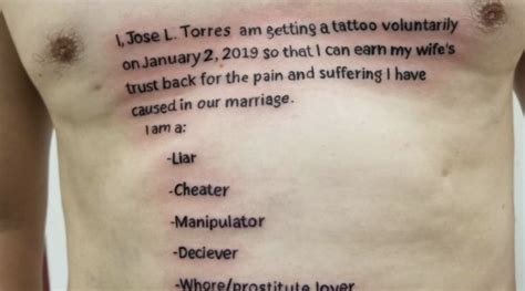 man caught cheating gets embarrassing chest tattoo to win wife back rare