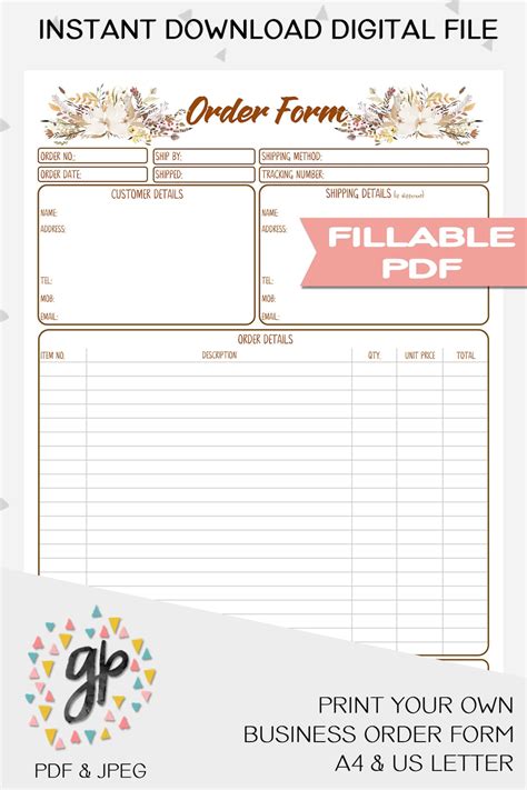 order form printable  handmade business client order form printable