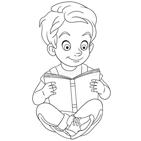 coloring page  boy reading  book stock vector illustration