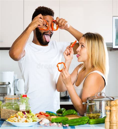 Husband Helping Wife Preparing Healthy Dinner Stock Image Image Of