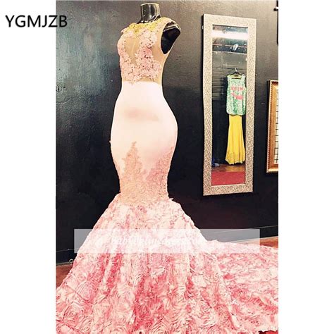 Sexy Long Prom Dress 2019 Mermaid Pink 3d Flowers Lace Floor Length For