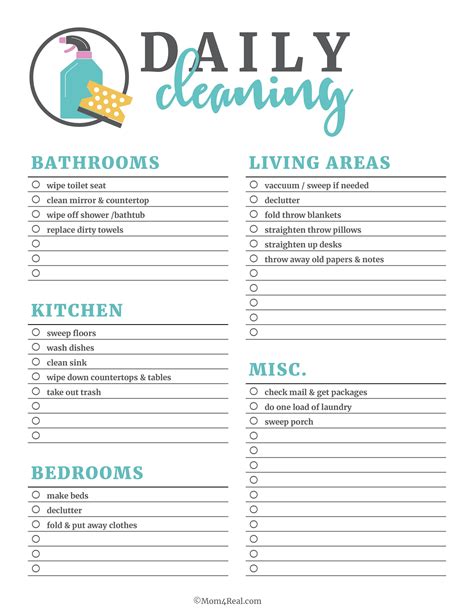 printable daily cleaning checklist  templates printable