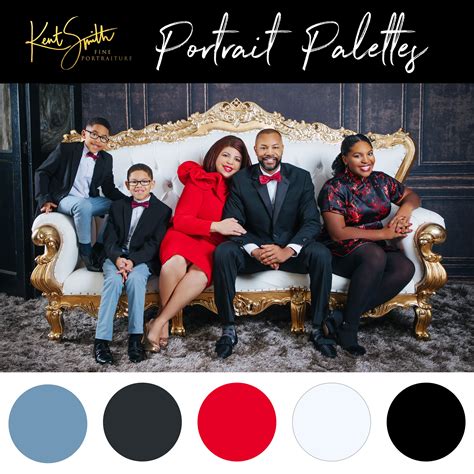 formal indoor family portraits bold red blacks  blue accents