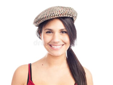 Pretty Smiling And Cheerful Brunette Woman With French Cap And Red Tank
